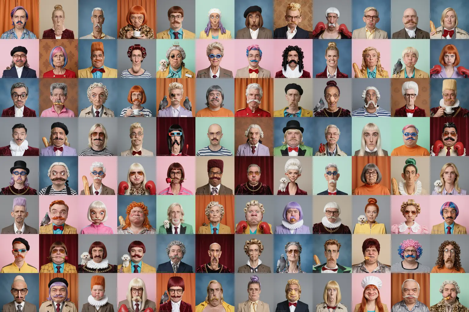A wall of 96 ID photos from the collection: wigs, moustaches, monocles and one pigeon.